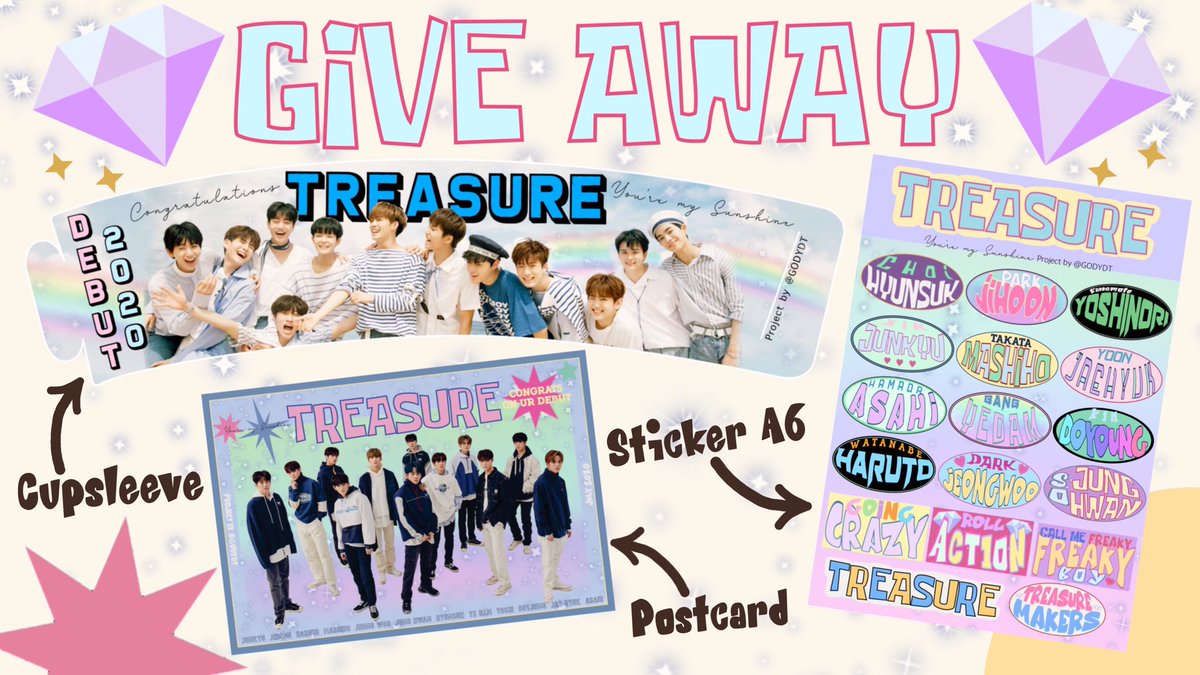 GodYDT's tweet photo. Pls rt 🪐
#TREASURE GIVEAWAY 💎
🦋Treasure Debut Cafe🧚♂️
Location : @MagicCafeCNX
🥤Cupsleeve 20Jul-20Aug
🍬Postcard&Sticker 35ea
-เริ่มแจกวันDebut
🌷รอบไปร✨
Treasure Special Set 12ea
Form: ก่อนวันเด1วัน2ทุ่ม(ค่าส่ง30)
#TREASUREDEBUT
#ตลาดนัดtreasure
#ตลาดนัดเด็กสมบัติ https://t.co/F29dfkONEs