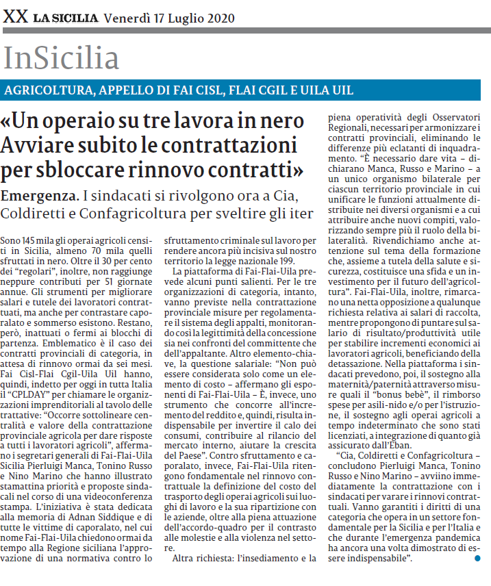 FAICISLSicilia's tweet photo. #CPLDAY su @lasicilia Fai Cisl, Flai Cgil, Uila Uil "Cia, Coldiretti e Confagricoltura sblocchino il rinnovo dei contratti" https://t.co/ULmXvwNnsH