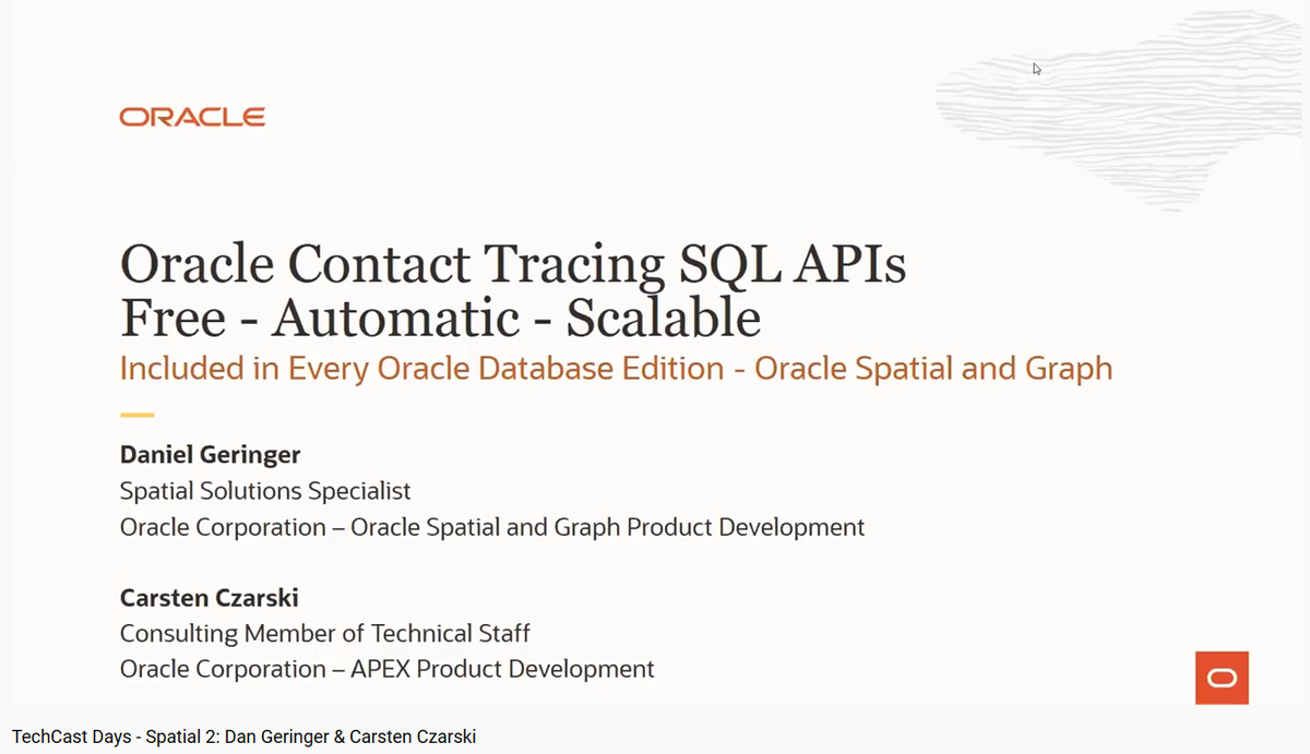 SpatialHannes's tweet photo. Recording available: The webcast on how to build an #orclapex application for contact tracing with #oraclespatial using #location and timestamp data or swipe-in/swipe-out is now available on Youtube - https://t.co/PHFGvx2ZvH #ANDOUC #TechCastDays https://t.co/EkKPyF2UYr