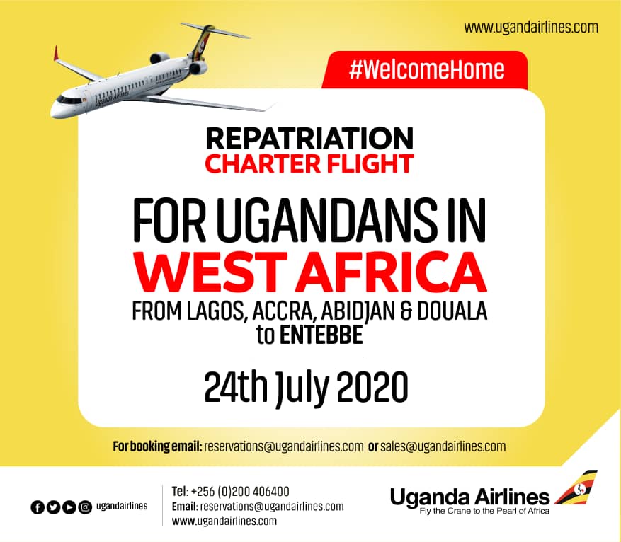 UG_Airlines's tweet photo. Hello Ugandans in West Africa, #WelcomeHomeUG.

Uganda Airlines will on 24th July 2020 operate a repatriation charter flight from Lagos, Accra, Abidjan &amp; Douala to Entebbe. For booking call +256 200406400 or Email: reservations@ugandairlines.com https://t.co/yGw9Ewzq5j