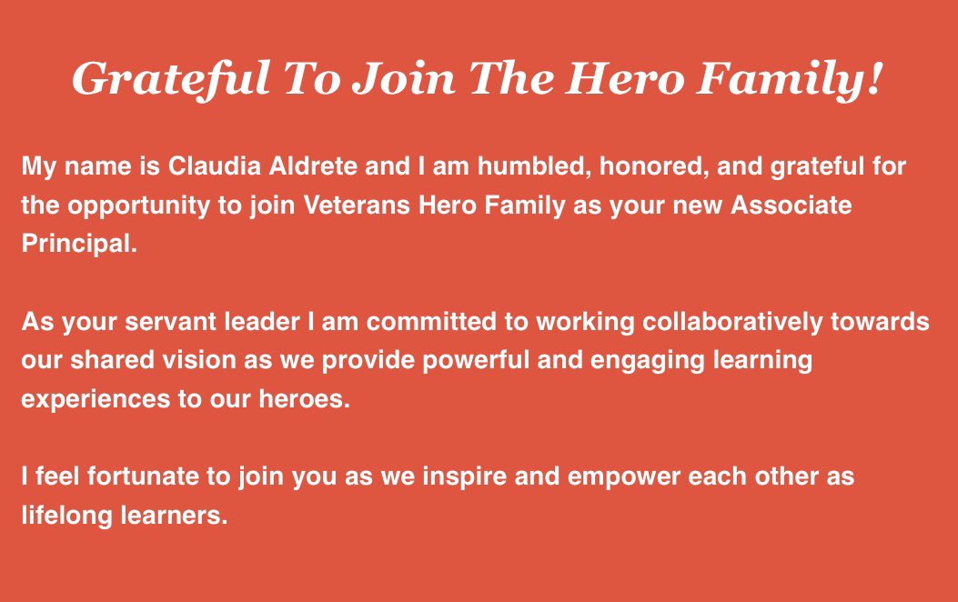 cvesd_Veterans's tweet photo. Veterans Elementary is excited to announce Claudia Aldrete as  our new Associate Principal! Welcome to Veterans, Mrs. Aldrete! 

Click on the link to view her video message: https://t.co/kuElB5tFpm https://t.co/axAn9gIPeL