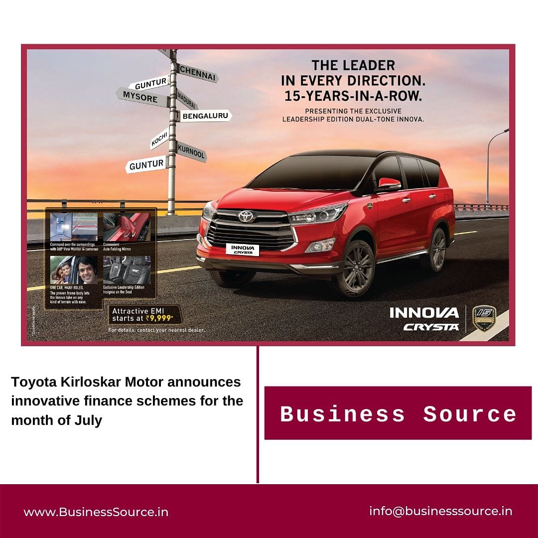 BSourceIndia's tweet photo. Toyota Kirloskar motor announces innovative finance schemes for the month of July.
.
.
.
#toyota #kirloskar #motor #announcement #innovation #finance #scheming #july #toyotamotor #kirloskargroup #businessopportunity #businesssource #businessnewsdaily #business https://t.co/UKO87Dnqde