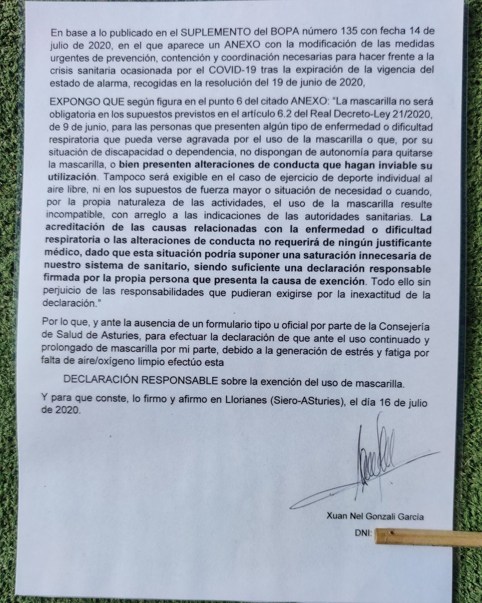 XuanNelGonzali's tweet photo. Sé que a muchos les puede dar un "mareo", pero es lo que hay: exención de uso de mascarillas 😷. Se cura LEYendo y aplicando 😈.
#mascariella #mask #mascarilla #másbaratilla #COVID19 #plandemia #confinaymientu #NOalaesclavitud #salú #heqlth #salud #Asturies https://t.co/mENazeEmRN