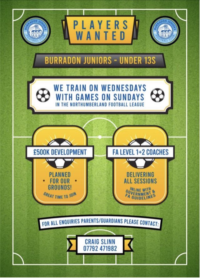 Our u13’s are looking for 2-3 players to complete their squad for the upcoming season, please contact Craig on 07792471982 for info, thanks.
🔵⚪️ @SportNT <a href="/NorthumFA/">Northumberland FA</a>