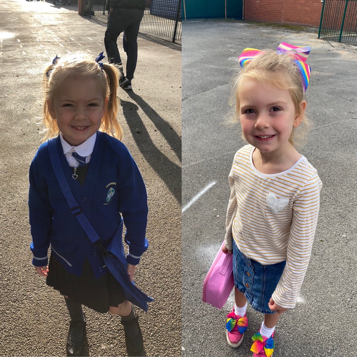 HannahConnolly9's tweet photo. First day of reception and last day of reception 💙 we are so proud how well Ella has done 💪🏼 this hasn’t been the easiest year but she’s always smiled and shined on 🥰 thank you @St_Aloysius_Pri for guiding Ella into the most perfect little girl a mum could ask for! https://t.co/o3uZ2epZhB