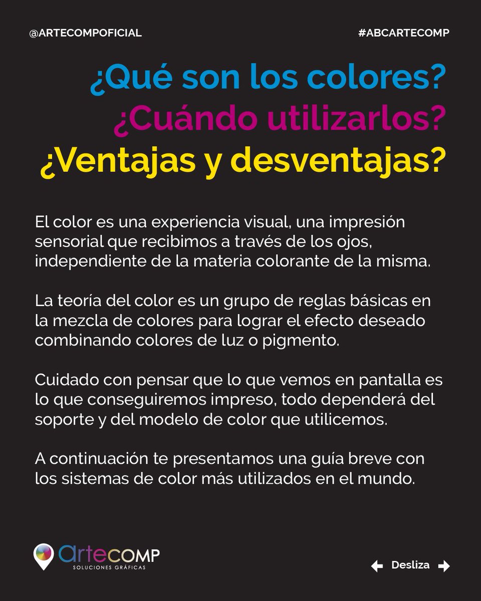 ArtecompOficial's tweet photo. Uno de nuestros temas preferidos🙌🏻: El color, un elemento imprescindible en nuestras vidas y fundamental en las artes gráficas 👍🏻
Cuéntanos ¿Cuál es tu color 🖍️ favorito?
#Artecomp #SomosSoluciones #Colores #ArtesGráficas #ImprentaDigital #CMYK #RGB #Pantone https://t.co/YsoXkHexTC