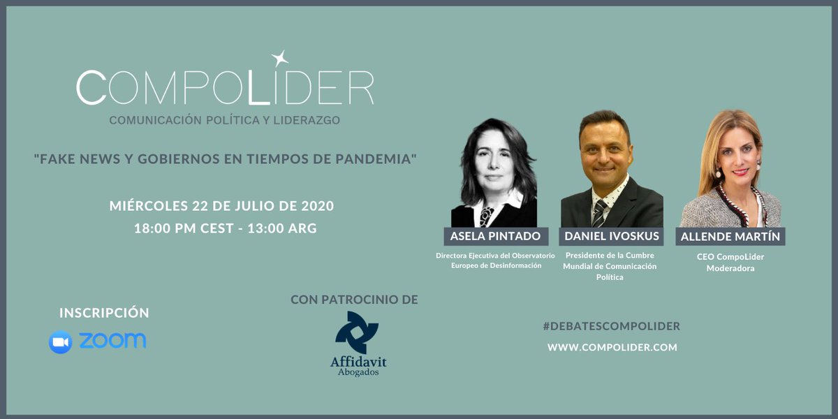 CompoLider's tweet photo. #DebatesCompoLider con @divoskus @aselapintado y @allendemartinm 
“Fake news y gobiernos en tiempos de pandemia”
🗓Miércoles 22 de julio de 2020
⏰18:00 ESP - 13:00 ARG
👉🏻Para registrarte envía un correo a comunicacion@compolider.com
@affidavitlaw @CumbreCP @ODesinformacion https://t.co/mpjuve1AzL