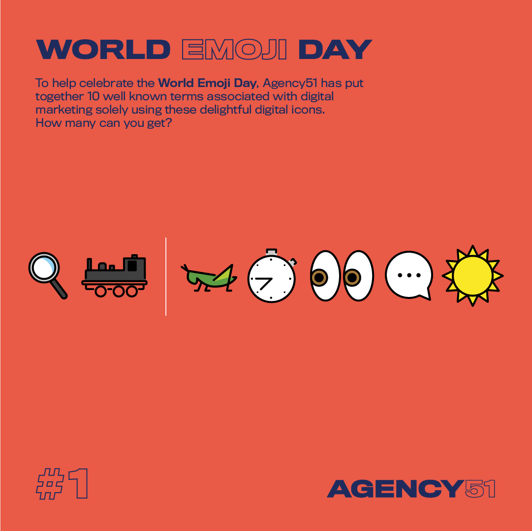Agency51UK's tweet photo. It's #WorldEmojiDay! 😀😍😱 To celebrate, Agency51 will be tweeting throughout the day,  a selection of well known terms associated with #digitalmarketing solely using these delightful digital doodles. 

Tweet your guesses below! The answers will be tweeted in a couple of days. https://t.co/v7IAgzmkHJ