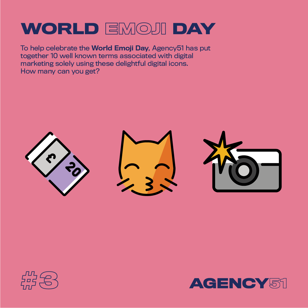 Agency51UK's tweet photo. It's #WorldEmojiDay! 😀😍😱 To celebrate, Agency51 will be tweeting throughout the day,  a selection of well known terms associated with #digitalmarketing solely using these delightful digital doodles. 

Tweet your guesses below! The answers will be tweeted in a couple of days. https://t.co/v7IAgzmkHJ