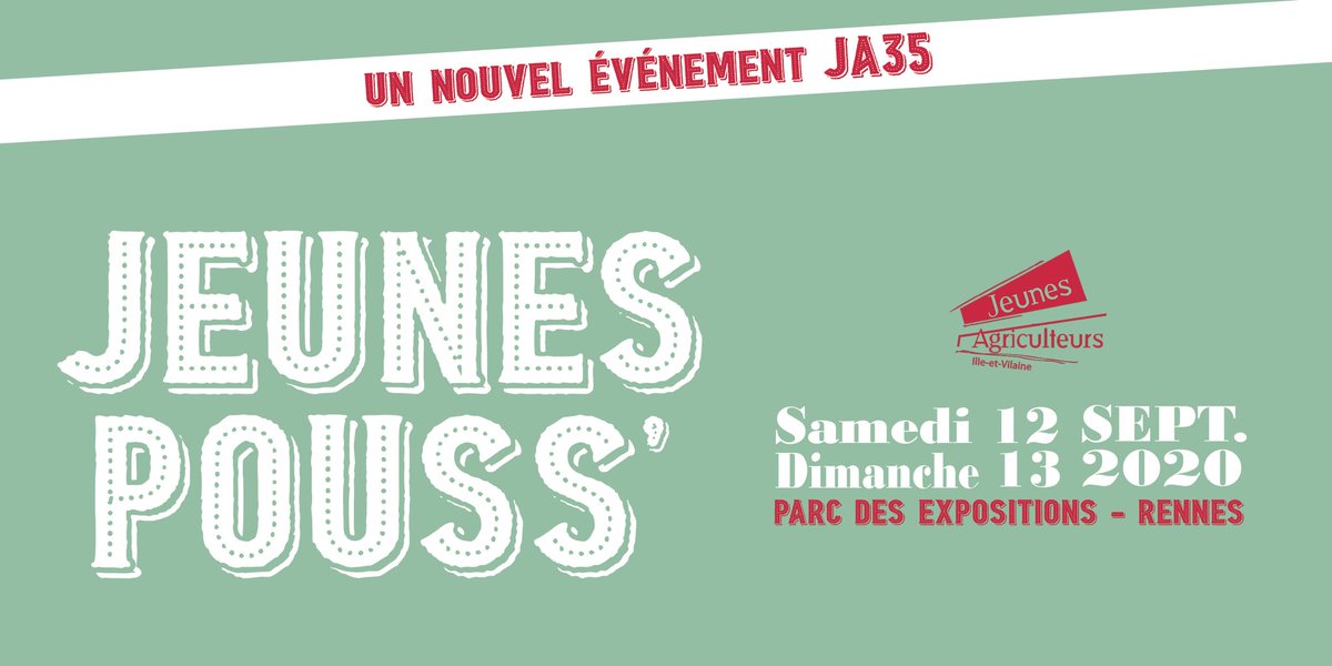 JeunesAgri35's tweet photo. 📣 Les Jeunes Agriculteurs annoncent leur nouvel événement : Jeunes Pouss’ !! 🌱

Rendez-vous les 12 &amp; 13 septembre 2020 au Parc des expositions de Rennes pour découvrir l’agriculture locale et sa diversité ! 🐮🇫🇷

🗞 CP : https://t.co/jswP8jy40D https://t.co/HsB5ux6kSd