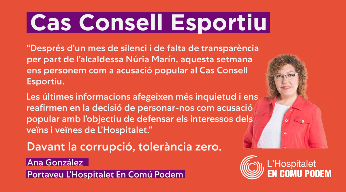 LHEnComuPodem's tweet photo. ❌Aquesta setmana ens hem personat com acusació popular pel Cas #ConsellEsportiu.

✅Núria Marín ha de comparèixer. Els veïns i veïnes de L'Hospitalet mereixen explicacions. No permetrem que es taqui la imatge de la ciutat i la institució.

🔎Davant la corrupció, tolerància zero. https://t.co/jOnJGmjLMU