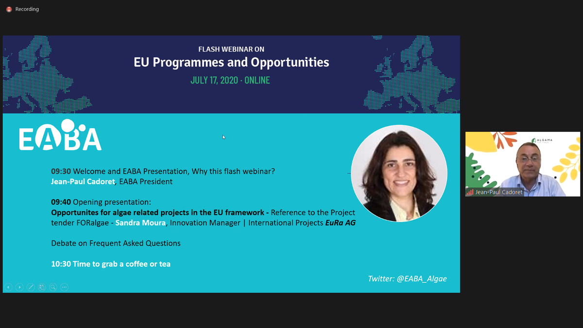 EABA_Algae's tweet photo. @EABA_Algae Flash #Webinar: EU Programmes and Opportunities in the #algae #biomass sector. Welcoming by Jean-Paul Cadoret #EABA Pres., @algamafoods
@Buildingonevent #EUprogrammes #microalgae #seaweed #Magnificent #GENIALG #ABACUS #SpiralG #SABANA #MultiStr3am #AlgaePARC https://t.co/9QV37Mewyw