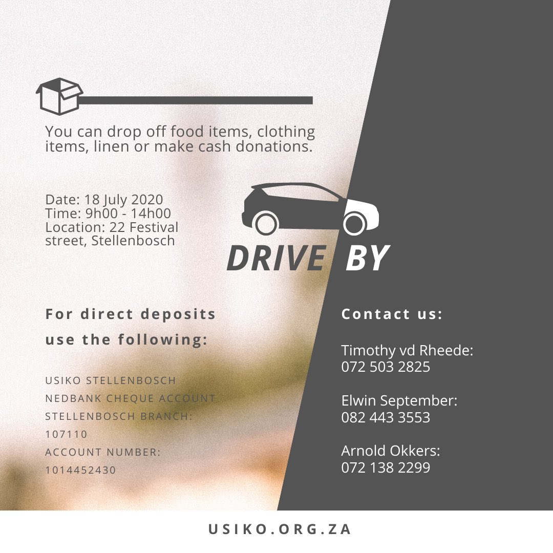 UsikoSTB's tweet photo. Will we see you at the Drive-By?
You can donate food items, clothing items, linen and make cash donations.
Follow the link below to to donate:
https://t.co/zSxnbezkc6
#MandelaDay #MandelaDayDriveBy #usiko #helpingothers https://t.co/Yfj8LWxuyE