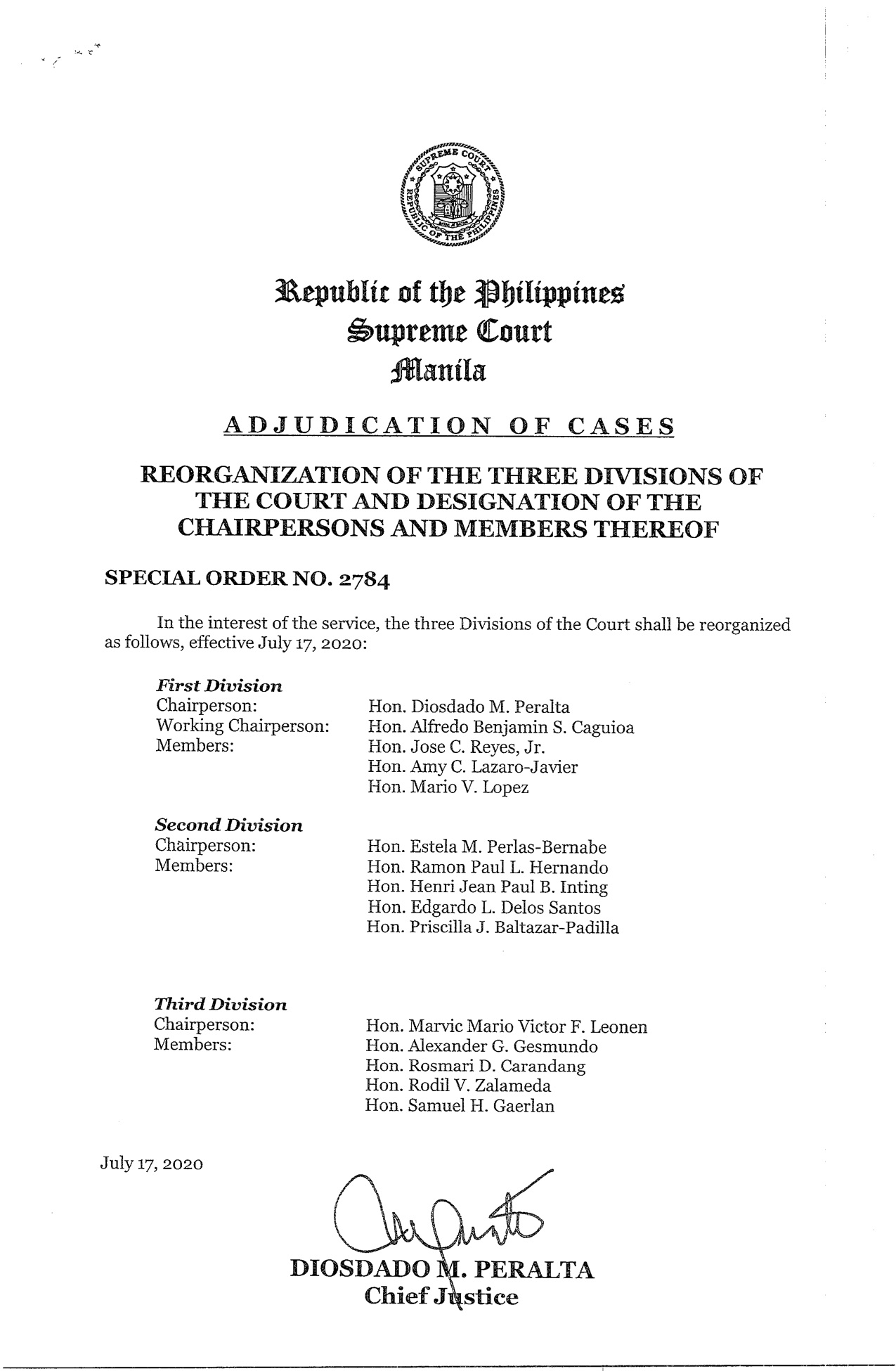 Philippine Supreme Court Public Information Office Reorganization Of The Three Divisions Of The Court And The Designation Of The Chairpersons And Members Thereof