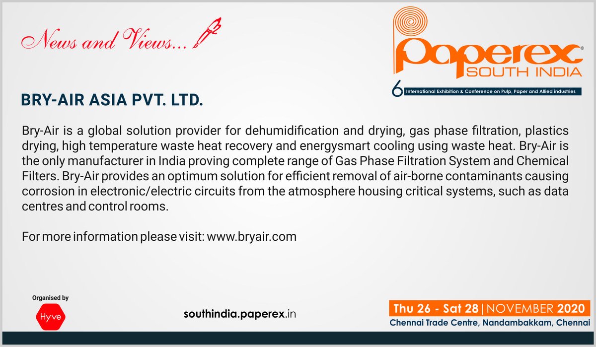 PaperexI's tweet image. Meet our exhibitor @Bry_Air (Asia) Pvt. Ltd., participating at @PaperexI from 26-27-28 November 2020 at Chennai Trade Centre, Nandambakkam Chennai, India.

Website: bryair.com

#exhibition #paper #packaging #paperex #expo #chennai #event #Business #Industry #products