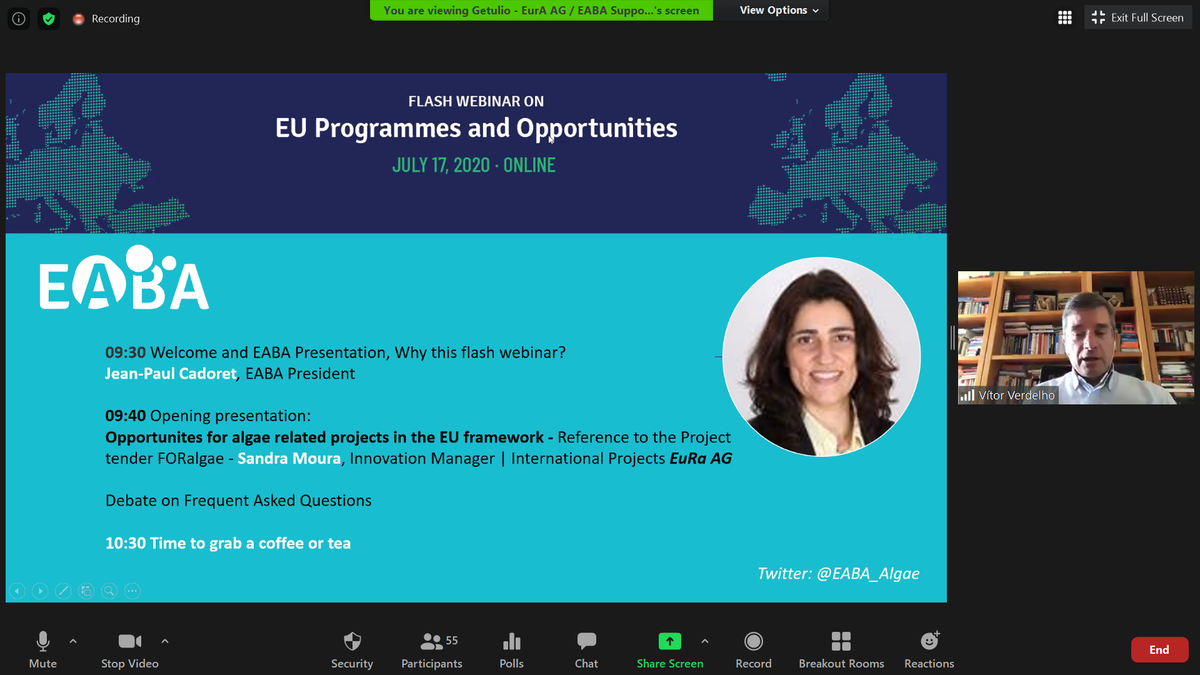 EABA_Algae's tweet photo. @EABA_Algae Flash #Webinar: EU Programmes & Opportunities for #algae sector, with @vverdelho #EABA GM, introducing Sandra Moura - Internat. Projects @eura_ag @Buildingonevent #EUprogrammes #microalgae #seaweed #MultiStr3am #AlgaePARC #GENIALG #ABACUS #SpiralG #SABANA #Magnificent https://t.co/vNKKK5WCKD