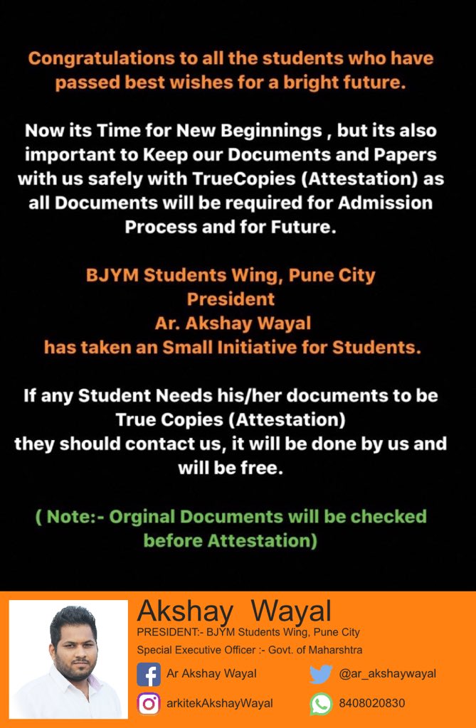 ar_akshaywayal's tweet photo. Attestation of Documents for Students will be done Free by BJYM Students Wing in this Lockdown 
For More Details Please Contact us 

#attestation #truecopy #students #lockdown #pune 
@jagdishmulikbjp @rajeshpandenycs @GhoshKhandalkar @nihalghodkebjp @DeepakPoteBJP @ankitshelke4 https://t.co/BMh2KcrfyS