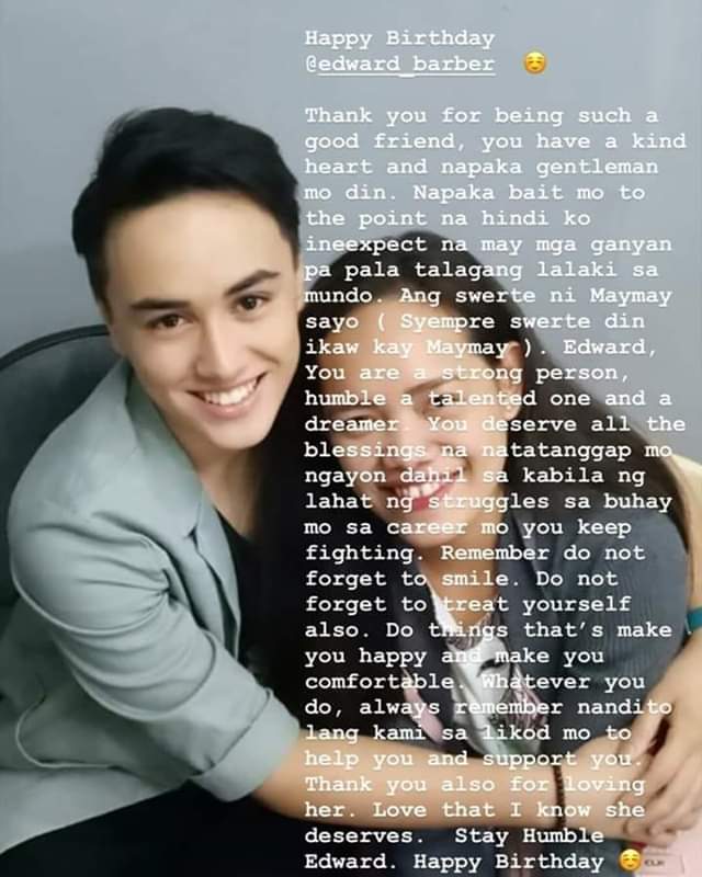 AntoinetteMyrna's tweet photo. Sa birthday message ni Pat kay Edward, ito ang malakasang patunay na ok ang MW sa relasyon nila.

MAYMAY KapamilyaDay
@maymayentrata07 @Barber_Edward_ https://t.co/pUX7COmM5q
