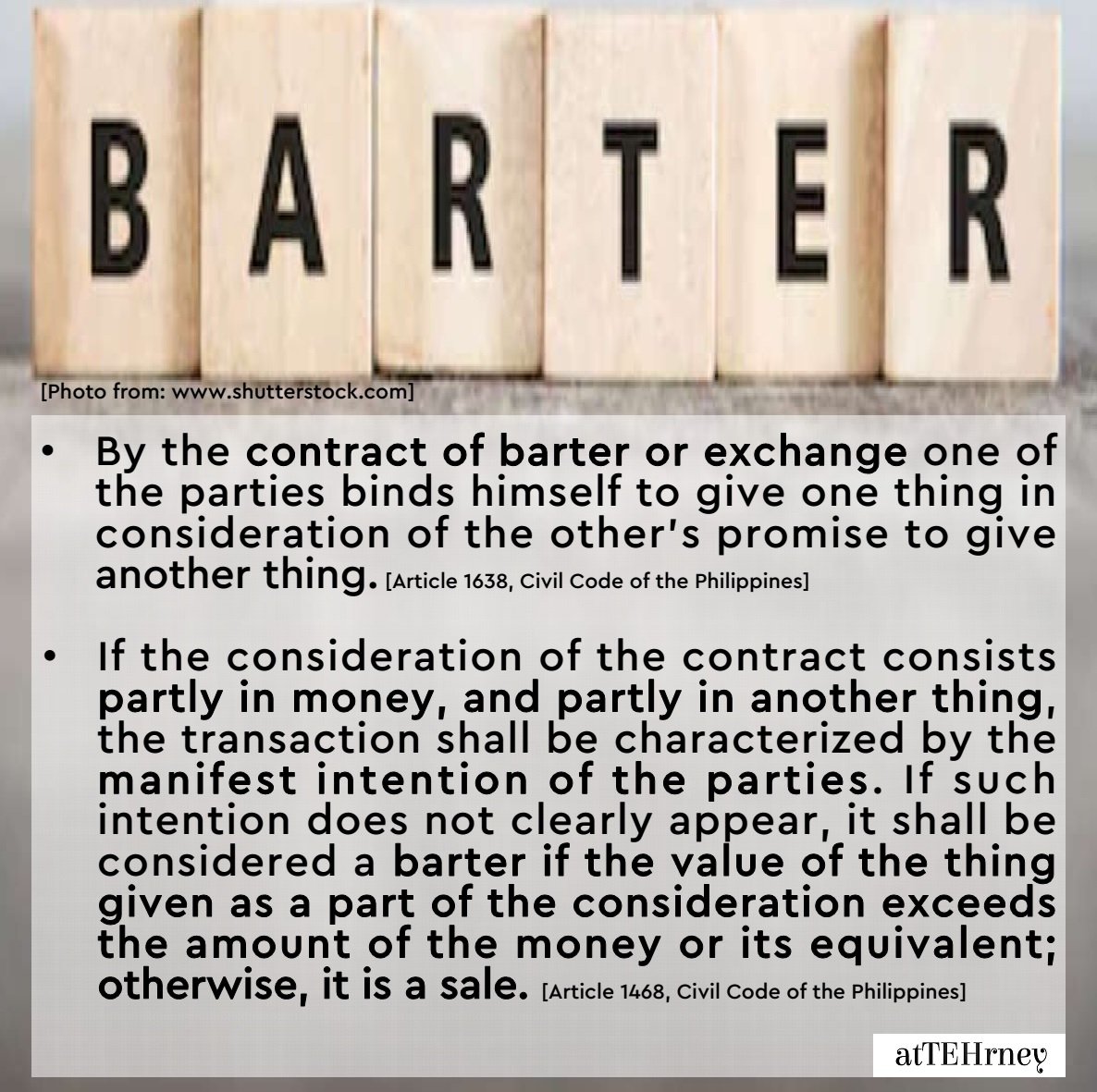 AtTEHrney's tweet photo. Is barter recognized under our laws? How is it defined? The Civil Code provides some answers. For more info, you may read other relevant provisions of the Civil Code and other pertinent laws. #atTEHrney2020019 #Abogado #AttorneyPH #Batas #LawPH #LawyerPH #CivilLaw https://t.co/hJV0TdiLvm