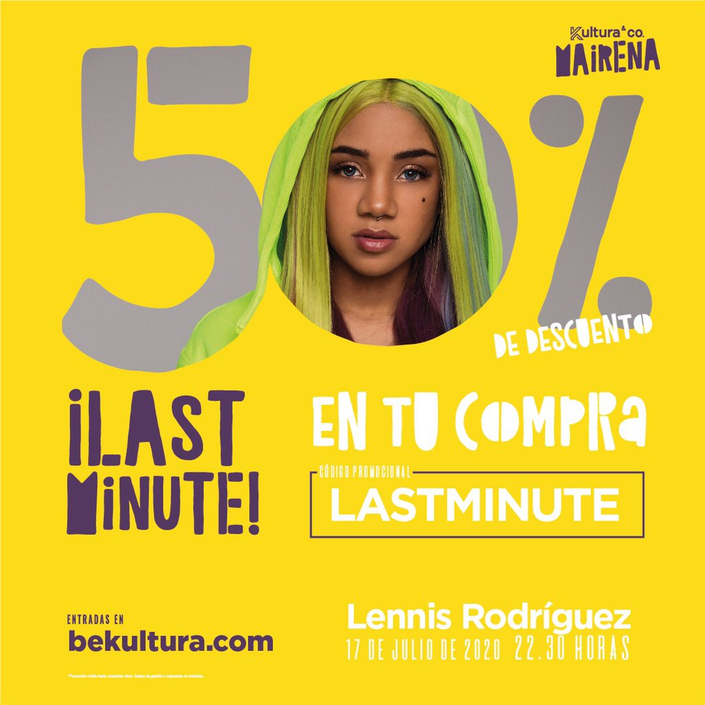 💜 ¡LAST MINUTE en <a href="/BeKultura/">beKultura</a>! Concierto de <a href="/lennis_ro/">Rosa Lennis</a>, hoy en Mairena del Aljarafe a las 22:30 horas con un 50% de descuento en el precio de la entrada. Date prisa, promoción válida para las próximas 10 mesas. 
📣Código promocional:LASTMINUTE
🎟 Entradas cutt.ly/xaovhGs