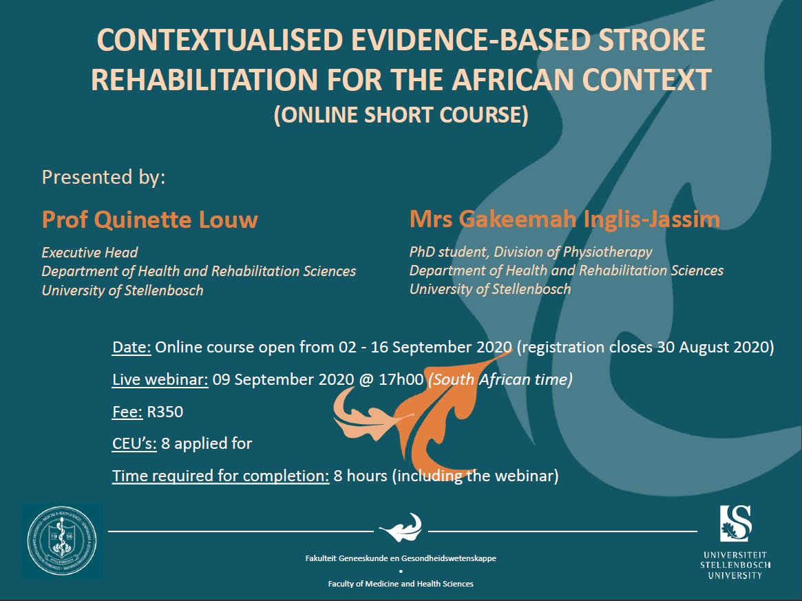 CaRe4SA's tweet photo. CONTEXTUALISED EVIDENCE-BASED STROKE REHABILITATION FOR THE AFRICAN CONTEXT(ONLINE SHORT COURSE)
Follow the link for registration: https://t.co/OOvt9hMsaS
#stroke #evidencebased #strokerehab #strokerehabSA #rehab #rehabSA https://t.co/Av4bBzetz6
