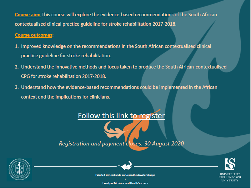 CaRe4SA's tweet photo. CONTEXTUALISED EVIDENCE-BASED STROKE REHABILITATION FOR THE AFRICAN CONTEXT(ONLINE SHORT COURSE)
Follow the link for registration: https://t.co/OOvt9hMsaS
#stroke #evidencebased #strokerehab #strokerehabSA #rehab #rehabSA https://t.co/Av4bBzetz6