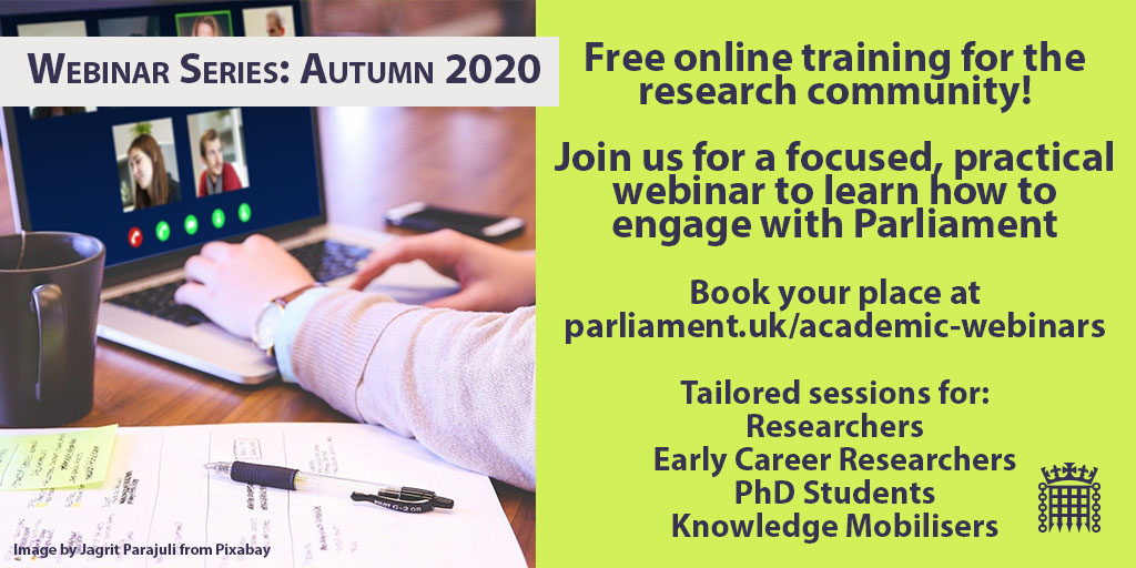 Knowledge Exchange Unit at UK Parliament (@ukparl_research) on Twitter photo 📢Our new webinar series is now open for bookings! 🥳 Join us for 45 mins of info and advice on engaging with <a href="/UKParliament/">UK Parliament</a> as a researcher or knowledge mobiliser. We've got tailored and themed sessions on offer - take a look and register at parliament.uk/academic-webin…. ~KEU team 📢Our new webinar series is now open for bookings! 🥳 Join us for 45 mins of info and advice on engaging with <a href="/UKParliament/">UK Parliament</a> as a researcher or knowledge mobiliser. We've got tailored and themed sessions on offer - take a look and register at parliament.uk/academic-webin…. ~KEU team