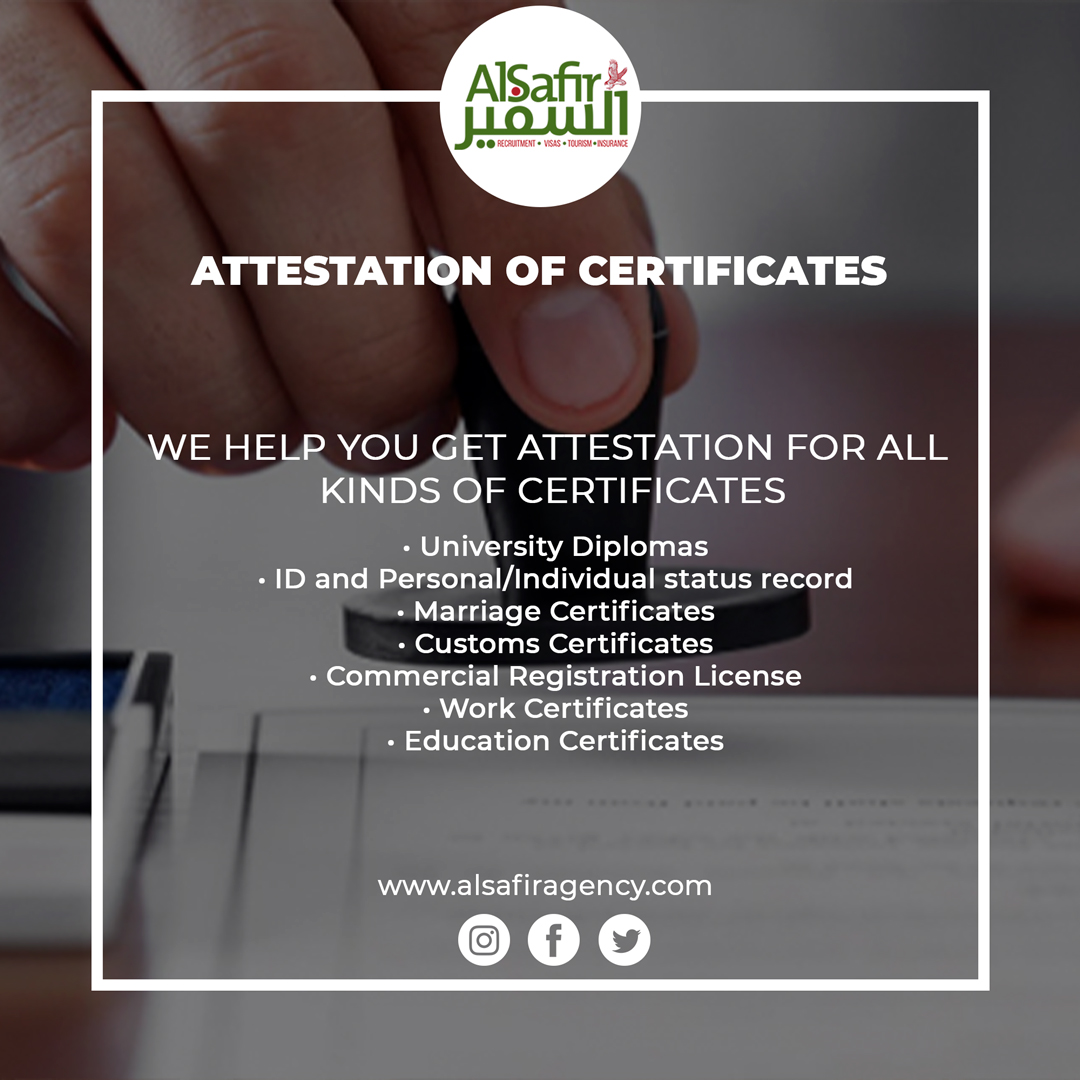 AlSafirAgency's tweet photo. ATTESTATION OF CERTIFICATES:
• University Diplomas
• ID and Personal/Individual status record
• Marriage Certificates
• Customs Certificates
• Commercial Registration License
• Work Certificates
• Education Certificates
https://t.co/HmHQe3e9BX https://t.co/Ntei7vHYT9