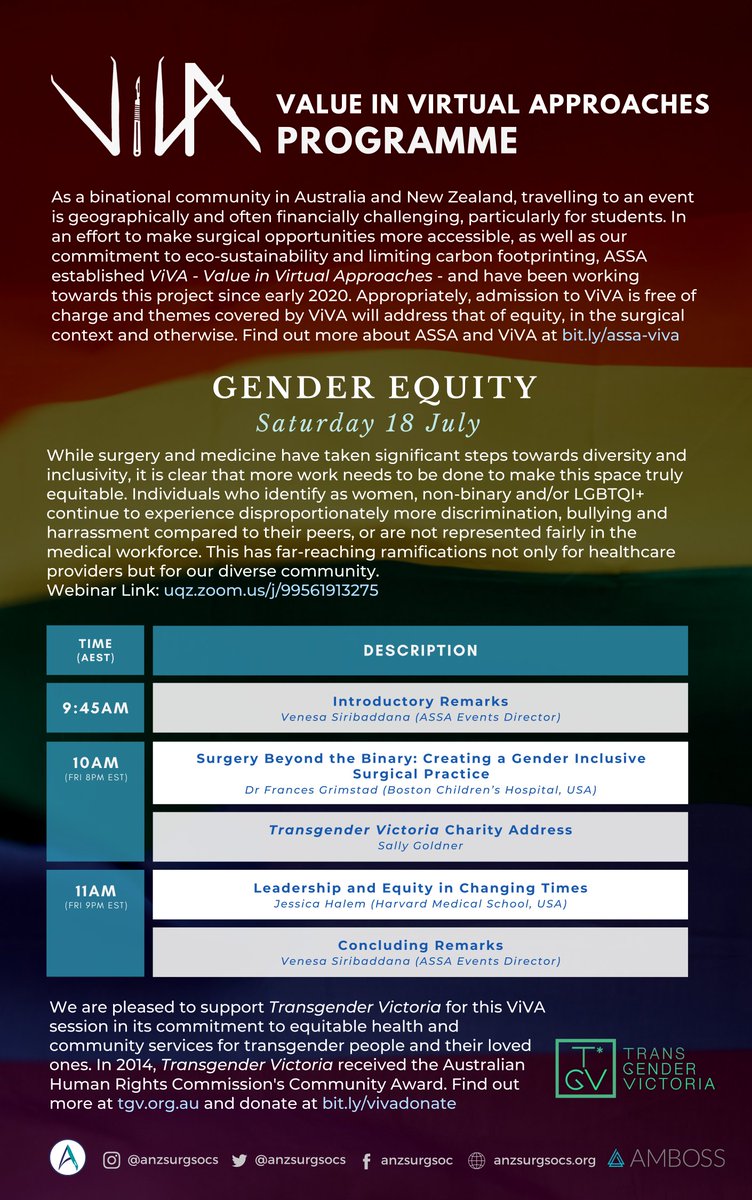 Presenting the ASSA ViVA: Gender Equity programme! 

Registration for tomorrow's event is FREE: bit.ly/assa-viva

Please show your support for Transgender Victoria and donate here: bit.ly/vivadonate

#ILookLikeASurgeon #GenderEquity