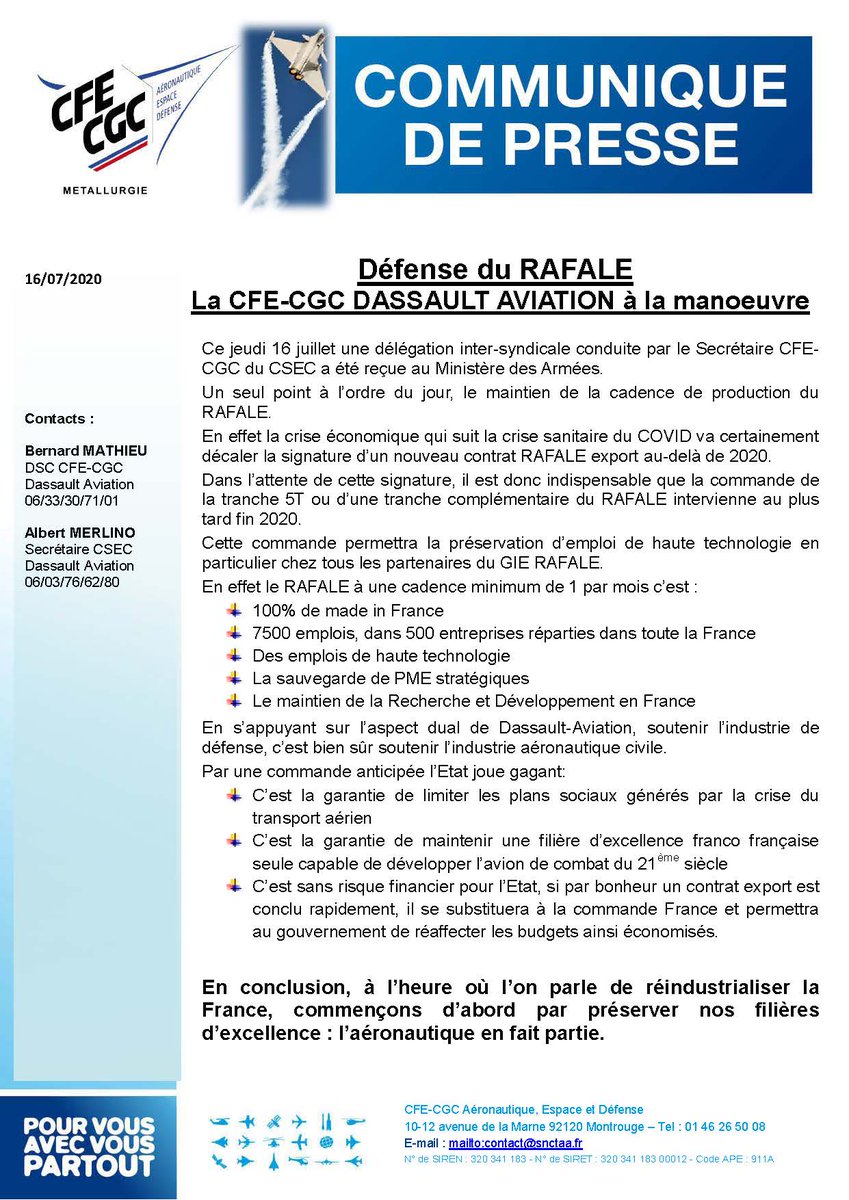 Metalcfecgc's tweet photo. [Communiqué de presse] Défense du RAFALE : La CFE-CGC DASSAULT AVIATION à la manœuvre
https://t.co/nKlCwcMvFd @gabfd @CGC_Dassault33 @CGC_Dassault74 @cfecgcaed @ludovicandrevon https://t.co/eEerKt1Xt9