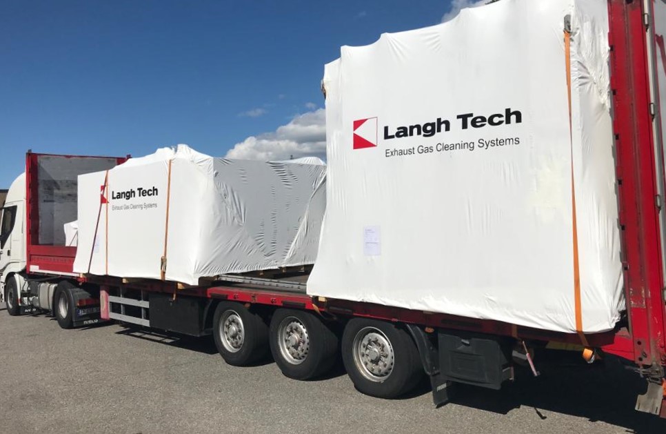 Langh Tech full hybrid EGCS with twin-scrubber setup shipped to the customer where the EGCS will be retrofitted on a ropax vessel. The closed loop water treatment system is based on Langh Tech excellent membrane filtration. #Langh #scrubber #shipping #closedloop #maritime