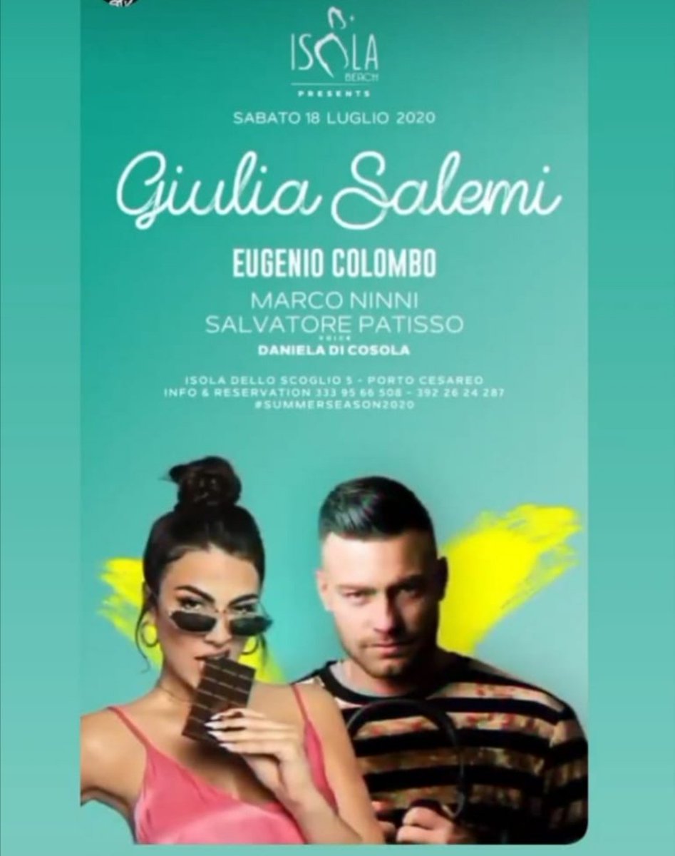 giulianelcuore's tweet photo. Domani 18 Luglio @GiuliaSalemi93 #specialguest all'#isolabeach di Porto Cesareo π₯π₯β¬οΈβ¬οΈ non mancate https://t.co/a15dgLOCDq