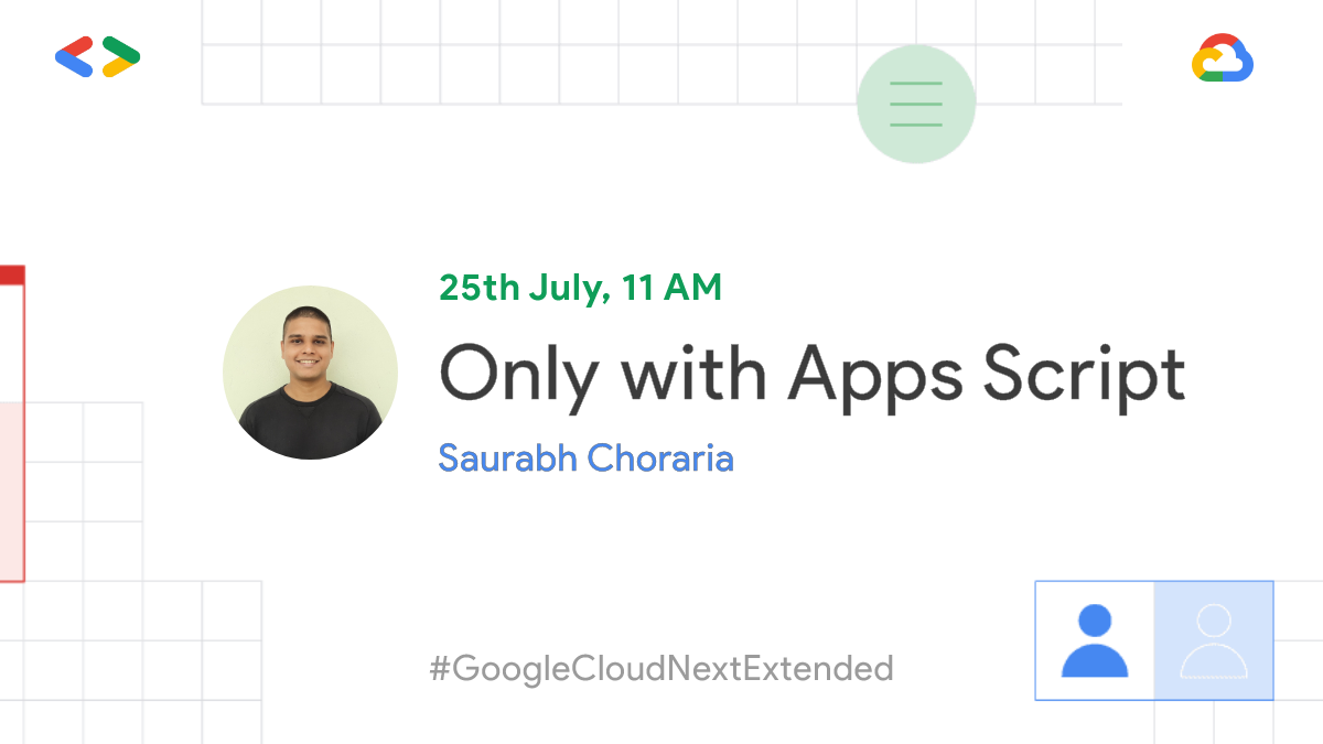 gdgnashik's tweet photo. [Online Event] 🚀

Next OnAir Extended - Week 2 is up now 👇👨‍💻

Only with Apps Script by @schoraria911 

🗓️ Sat, Jul 25, 2020
⏰ 11:00 AM GMT+5:30

RSVP 👉 https://t.co/Vcs0mXMX2M

@GoogleDevsIN @gdg 

#GoogleCloudNextExtended #GDGWestIndia https://t.co/VXoxdQ7zKn