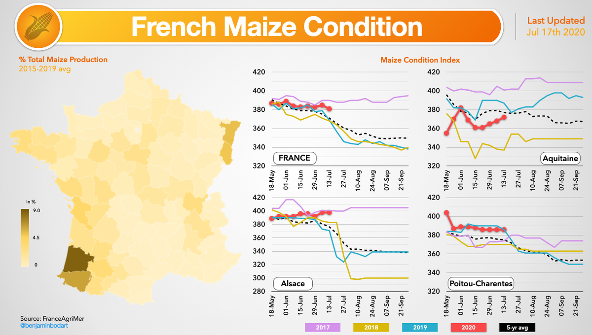 benjaminbodart's tweet photo. Les conditions du #maïs 🌽 dans les principaux bassins de production 🇫🇷 restent globalement bonnes selon @FranceAgriMerFR. Un p'tit coup d'eau 🌧️ [malheureusement non prévu] serait tout de même apprécié. | #moisson20 #oatt #FrAgTw https://t.co/D9Ov9Uhdu4