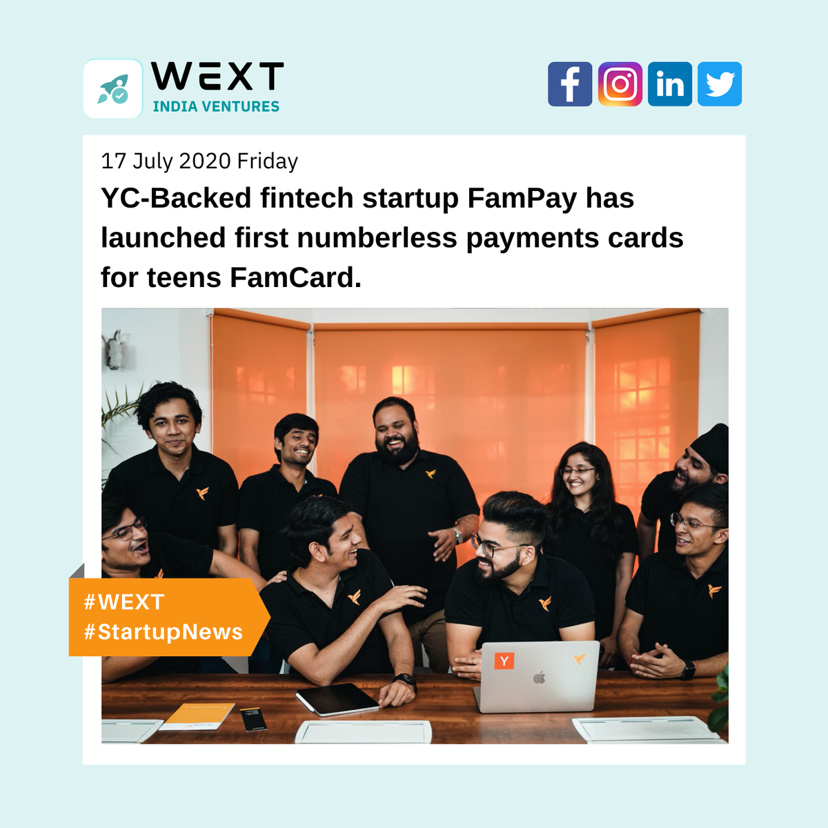 WEXTinVentures's tweet photo. #FamPay fintech startup has launched #FamCard, a #numberlesscard to allow #teenagers to independently transact online with minimal intervention from parents.
Congrats @fampayindia
#Startup #StartupIndia #StartupNews #WEXT #WEXTCommunity #WEXTVentures #Community https://t.co/tkHKZ6TeTG