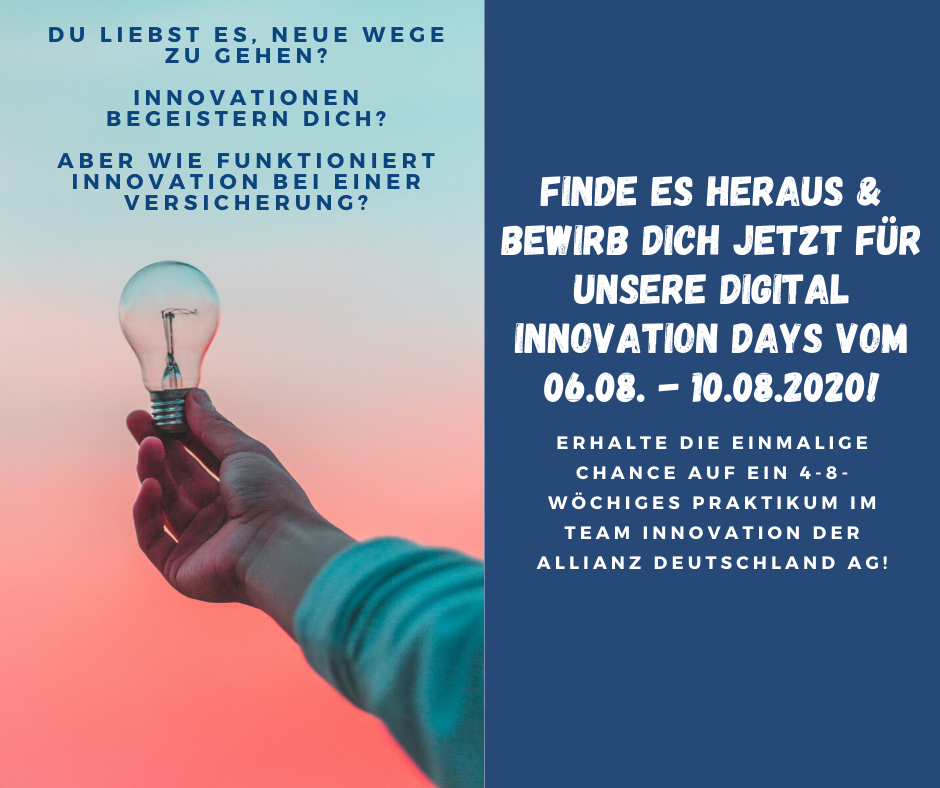 allianz_de's tweet photo. Innovationen begeistern dich und du suchst ein spannendes #Praktikum? Dann komm in die Höhle des Löwen, nein stopp, der #Allianz, und bewirb dich für die #Digital #Innovation Days. Hier die Infos: https://t.co/ETo09Kddf9 #digitalevents  #workshop #savethedate #allianzcareers https://t.co/iezC00JCmV