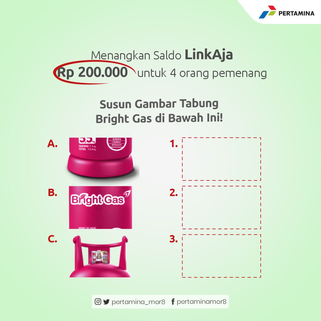 pertaminamalupa's tweet photo. Yuk ikutan kuis #LuckyFriday, Sob! Caranya gampang banget. Kamu tinggal susun gambar tabung Bright Gas di atas dan tulis jawabanmu di kolom komentar. Akun beruntung yang bisa menjawab dengan benar akan mendapatkan SALDO LinkAja TOTAL 200.000 hanya untuk 4 orang pemenang: https://t.co/ouTMTOBvz3