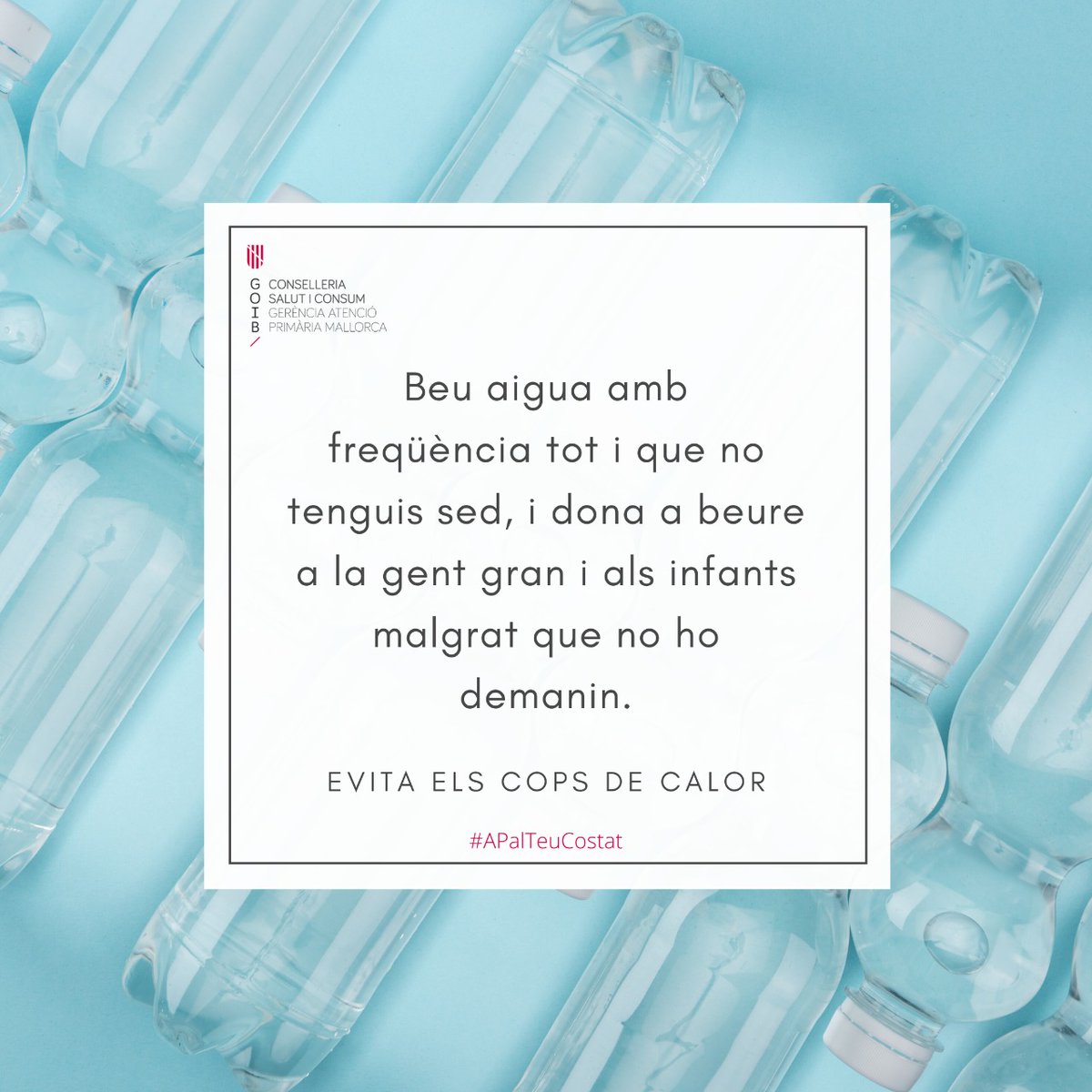 Gerència d'Atenció Primària de Mallorca (@apmallorca) on Twitter photo Com s'evita un cop de calor💥⁉
Beu aigua amb freqüència💦 tot i que no tenguis sed, i dona a beure a la gent gran i als infants malgrat que no ho demanin 👶👦👧👴👵 #APalteuCostat <a href="/ibsalut/">Servei de Salut de les Illes Balears (IB-SALUT)</a> <a href="/SalutGOIB/">Conselleria de Salut</a> Com s'evita un cop de calor💥⁉
Beu aigua amb freqüència💦 tot i que no tenguis sed, i dona a beure a la gent gran i als infants malgrat que no ho demanin 👶👦👧👴👵 #APalteuCostat <a href="/ibsalut/">Servei de Salut de les Illes Balears (IB-SALUT)</a> <a href="/SalutGOIB/">Conselleria de Salut</a>