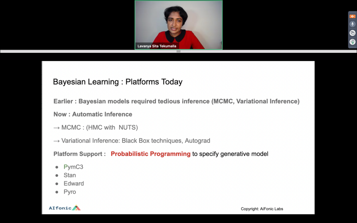 IntuitIN's tweet image. .@lavanyats, our keynote speaker for the day, speaking on how #BayesianModeling and #DeepLearning influence each other.
#WiDSBlr2020 #Datascience