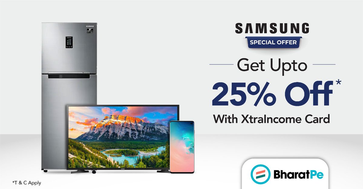 bharatpeindia's tweet photo. Get upto 25% discount on Samsung Products with BharatPe's XtraIncome Card.
Get it now on the BharatPe app - https://t.co/qCJh4JMyeT
#BharatPe #samsung #XtraIncomecard #xtraincome #cashbackcard #specialoffer #cashback #BharatPe #xtraincome #cashback #cashback #NPCI #BHIMUPI https://t.co/LsRSKXKxHn