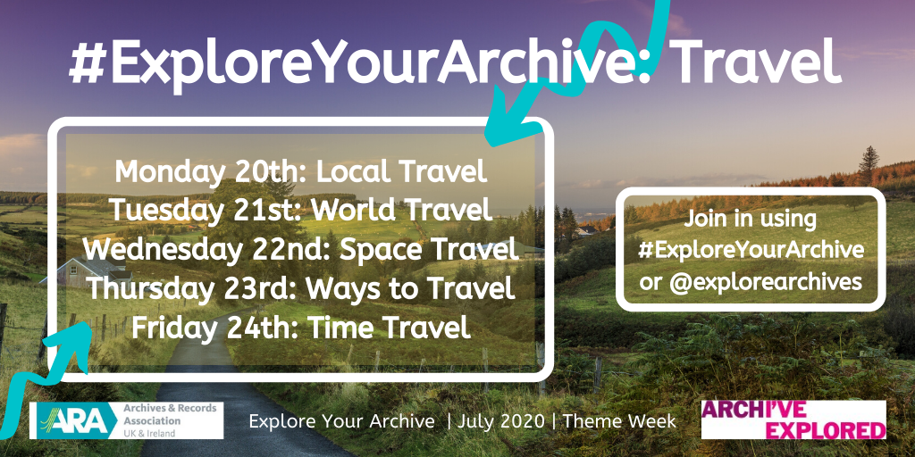 explorearchives's tweet photo. Don’t forget that next week is our #ExploreYourArchive #travel theme week! Join in and share some archive content around each theme!

🏕️ Mon: Local Travel 
🌍 Tue: World Travel 
🌌 Wed: Space Travel 
⛵ Thu: Ways to Travel 
⌛ Fri: Time Travel https://t.co/KRHcB4Cuh4
