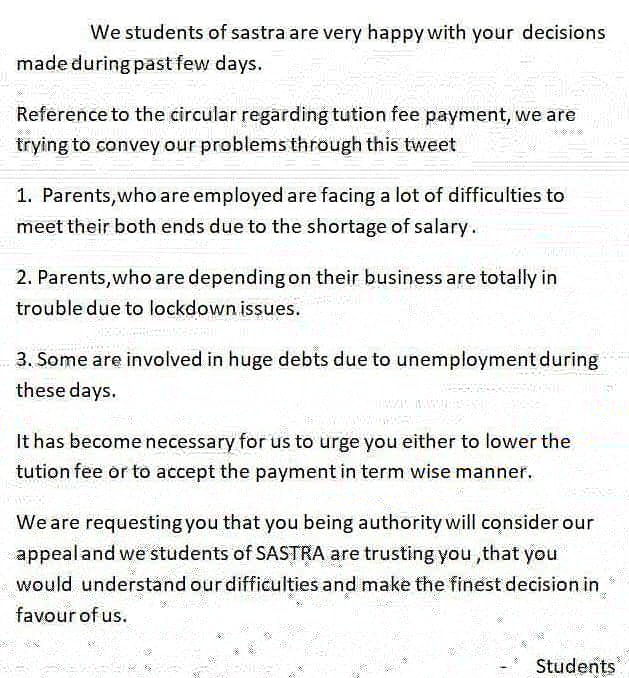 MuniPodili's tweet photo. Please do consider our student problems regarding fees.
@SastraUniv
@SVaidhyasubrama
#reducefeepressure
#reducefeesinpandemic https://t.co/C8yaZ1Ze5y