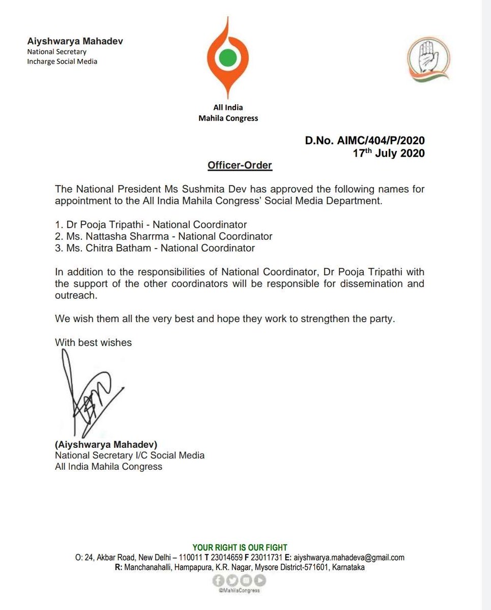 shaminaaaa's tweet photo. Heartiest Congratulations dear @Pooja_Tripathii dear @Nattashasharrma and @ChitraBathamINC Social media is not just about technology; it’s about sociology, psychology and for us .. above all.. it’s about ideology! #JaiCongress @INCIndia Keep #opining #voicing and #engaging 🎉🎉🎉 https://t.co/XskSVU3Pv5
