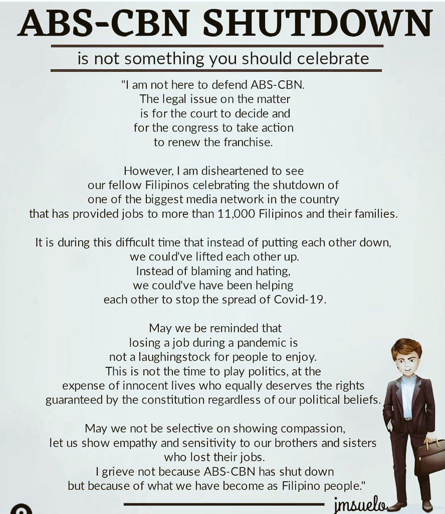 yza_rio's tweet photo. I grieve because ABSCBN has shutdown... I grieve more because of what have we become as Filipino people #IbalikAngPrangkisaNgABSCBN https://t.co/u6sgfGEiJd