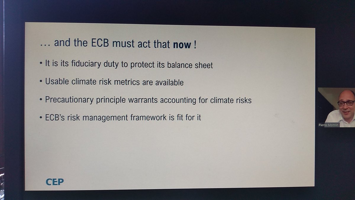 The  @ecb must act now, says  @Pierre_Monnin  @CEPweb in line with its fiduciary duty. Usable risk metrics are available and there is no excuse for inaction. It should use all of its policy tools for an early and smooth climate transition.