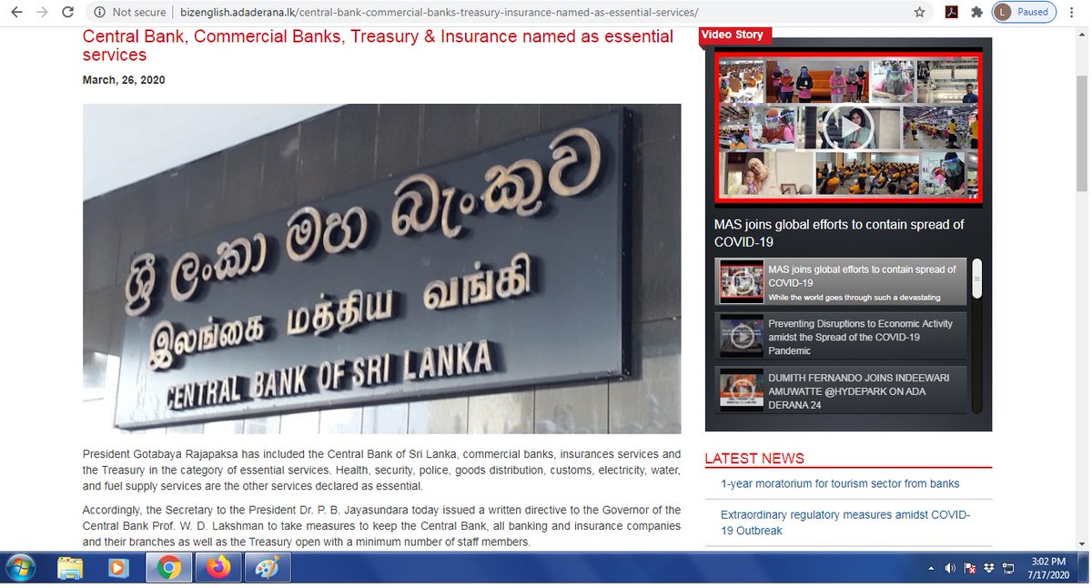 The media (rightly) gave this statement wide publicity as it would calm the nerves of citizens worried about getting access to money etc.. Here's a report from  @FT_SriLanka  http://www.ft.lk/breaking_news/CB-Treasury-commercial-banks-and-insurance-made-essential-services/10526-698078#:~:text=CB%2C%20Treasury%2C%20commercial%20banks%20and%20insurance%20made%20essential%20services,-Thursday%2C%2026%20March&text=President%20Gotabaya%20Rajapaksa%20today%20decided,P.%20B & attached a report from  @adaderana [5/11]