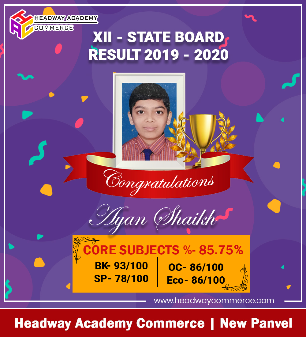 HACommerce's tweet photo. Headway Academy Commerce proudly announces the result of Mr. Ayan Shaikh class XII State Board Commerce with 85.75%
🔈We are opening admissions for the academic year 2020-21 for class XI &amp; XII State Board Commerce students.
📱917045956471 | 919029421074

#headwayacademycommerce https://t.co/1SRaVhZ9RJ