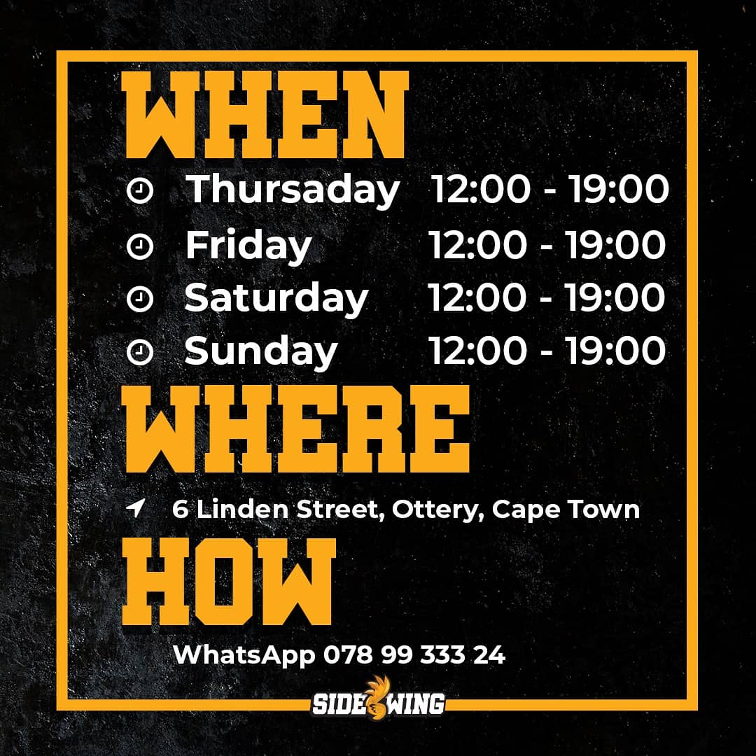 SideWing17's tweet photo. We open at 12:00-19:00. Please see this weeks NEW MENU. Please order using the template as a guide when hungry (no pre orders) as incorrect orders could result in wastage . https://t.co/wb3pOkL4NN