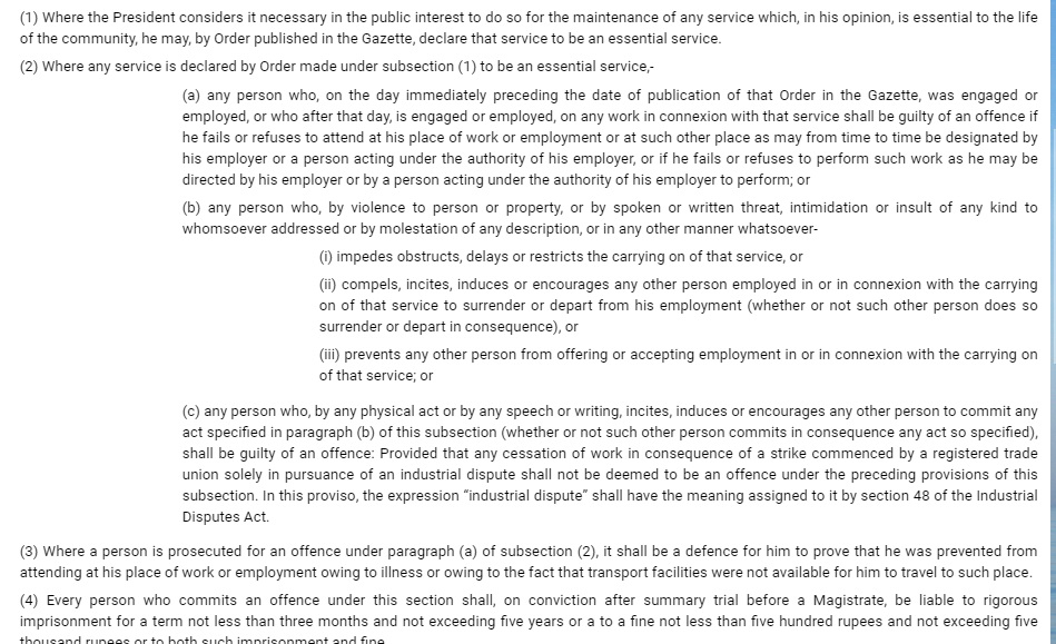 The President has the power to designate a service to be a "essential service" in terms of the Public Security Ordinance (See attached), he does NOT need to declare a state of emergency BUT he needs to issue a Gazette for this purpose [6/11]